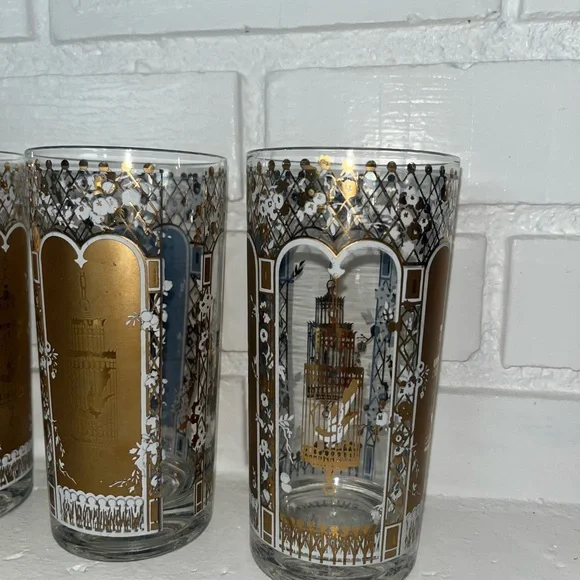 Vintage MCM 22 Karat Gold Rocks Glasses Blue Birdcage Set of 4 Georges Briard - Picture 5 of 14